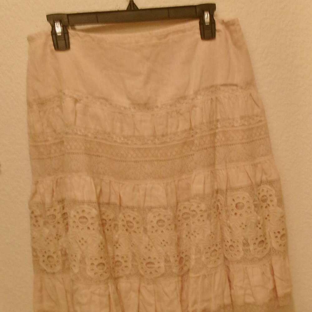 NWOT, SUNDANCE, SIZE 6, BEIGE, LINEN, BROCADE & LACE, MID KNEE SKIRT